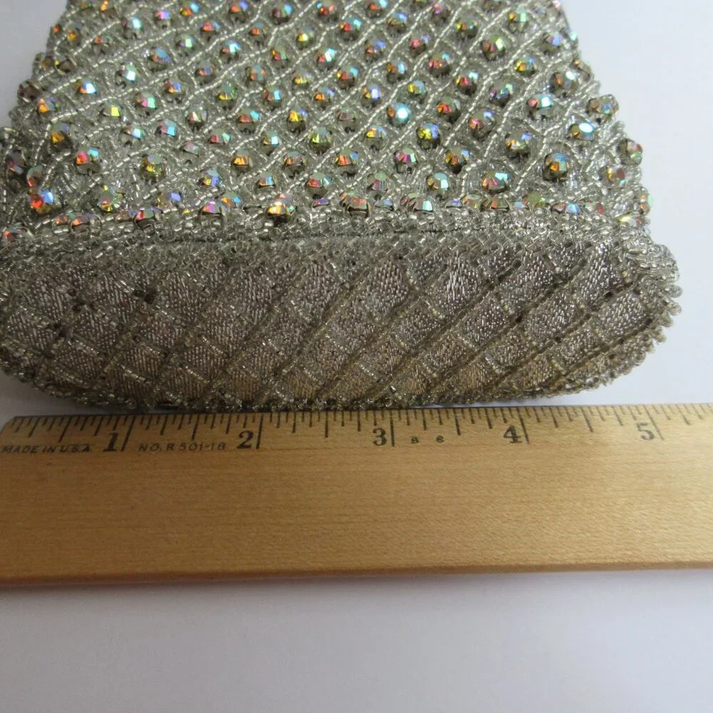 Silver Seed Bead AB Rhinestone Evening Bag Purse Metal Frame Kiss Lock Hong Kong - Picture 12 of 16